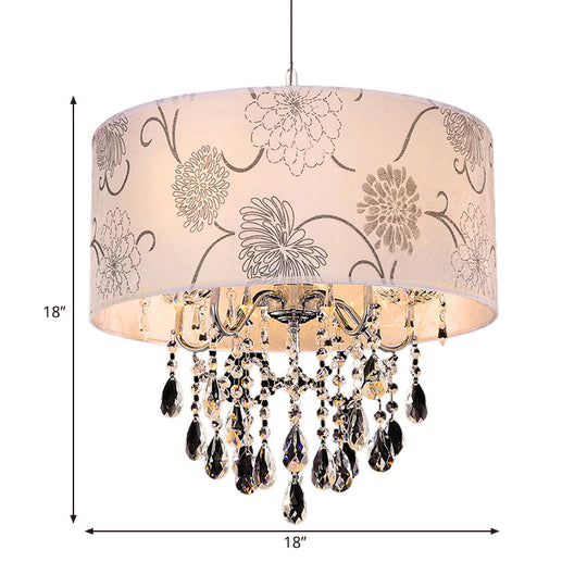 Vintage Crystal 5-Light Chandelier With Flower Pattern - Printing Fabric Shade Pendant Light In