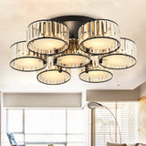 Modern Black Flush Mount Ceiling Light Fixture With Drum Crystal Shade - 3/5/6 Lights For Living