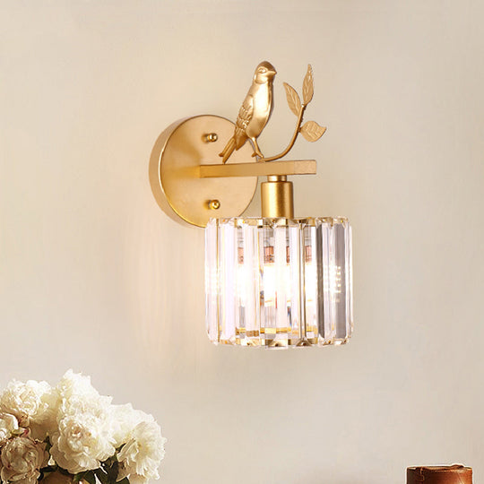 Contemporary Wall Sconce With K9 Crystal Cylinder Bird Accent And Black/Gold Finish