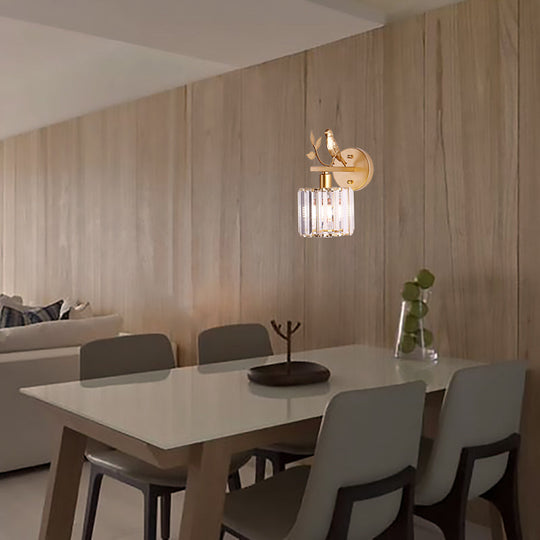 Contemporary Wall Sconce With K9 Crystal Cylinder Bird Accent And Black/Gold Finish