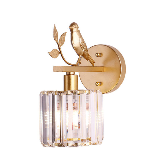 Contemporary Wall Sconce With K9 Crystal Cylinder Bird Accent And Black/Gold Finish