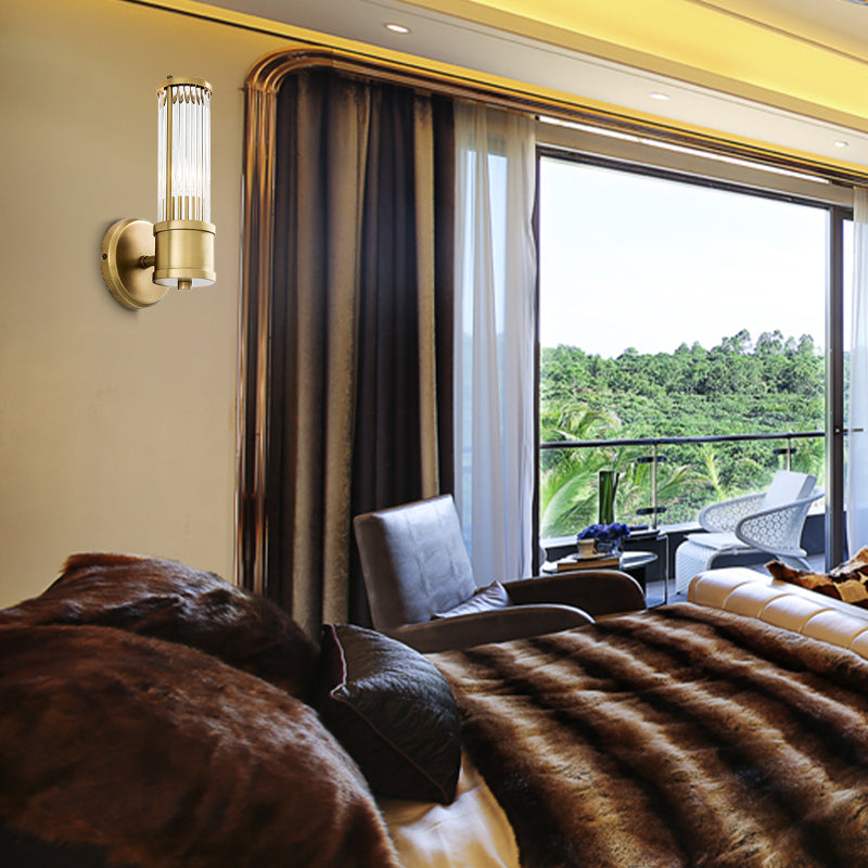 Contemporary Gold Crystal Wall Sconce For Living Room - 1/2 Bulb Cylindrical Design