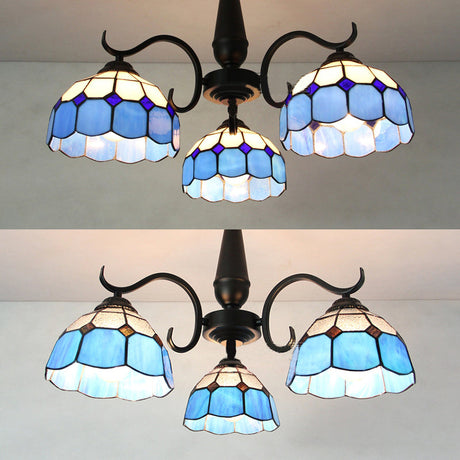 Vintage Industrial Stained Glass Semi Flush Mount Ceiling Light With 3 Rhombus/Magnolia Patterns In