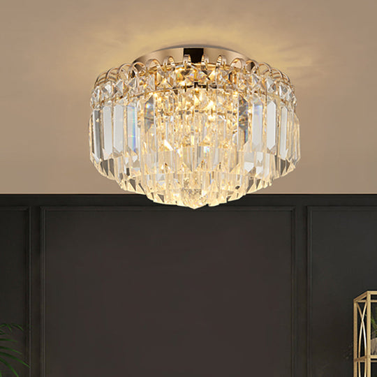 16’/19.5’ Width Crystal Prism Flush Mount Led Ceiling Fixture In Brass With Modern Round Shade