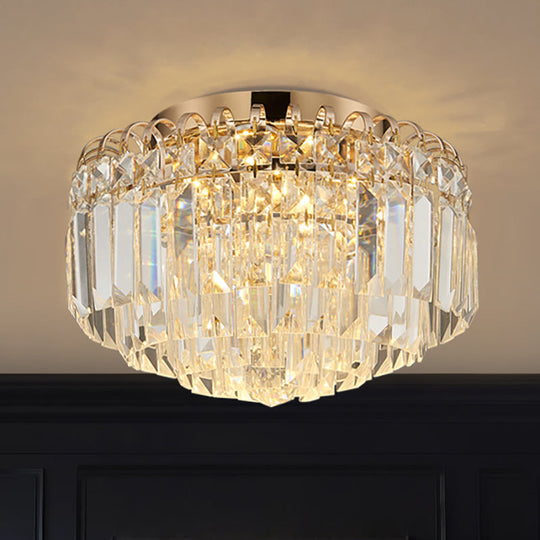 16’/19.5’ Width Crystal Prism Flush Mount Led Ceiling Fixture In Brass With Modern Round Shade
