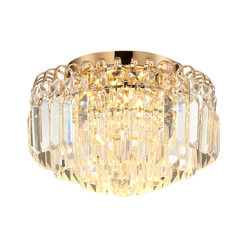 16’/19.5’ Width Crystal Prism Flush Mount Led Ceiling Fixture In Brass With Modern Round Shade