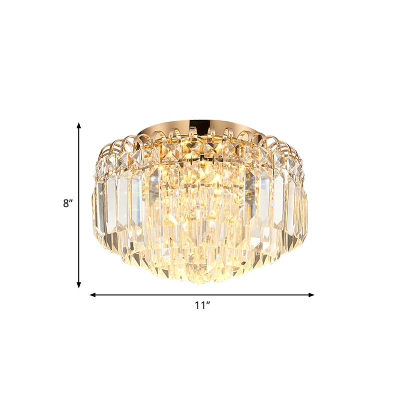 16’/19.5’ Width Crystal Prism Flush Mount Led Ceiling Fixture In Brass With Modern Round Shade