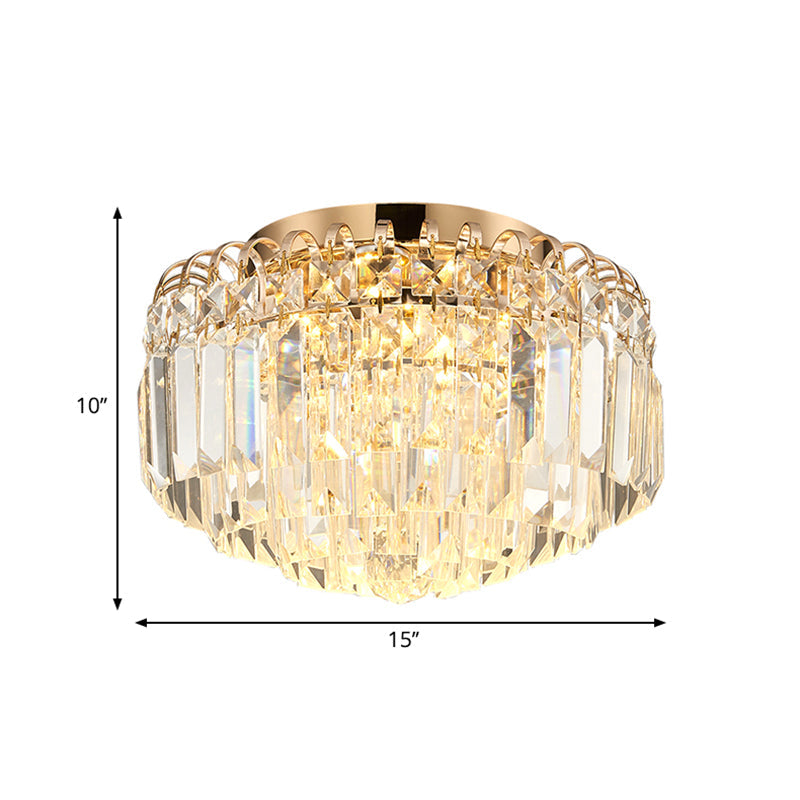 16/19.5 Width Crystal Prism Flush Mount Led Ceiling Fixture In Brass With Modern Round Shade
