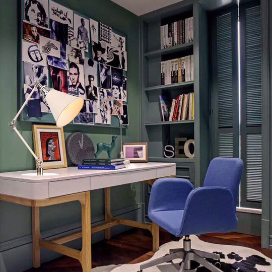 Vintage Adjustable Reading Lamp - Conical Desk Light White Metal 1 Stylish Design 8 Length Arm