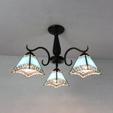 Vintage Industrial Stained Glass Semi Flush Mount Ceiling Light With 3 Rhombus/Magnolia Patterns In