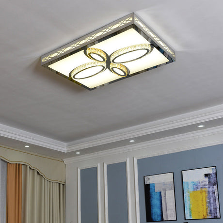 Contemporary White Led Ceiling Mount Flush Light Fixture For Living Room With Crystal Deco -