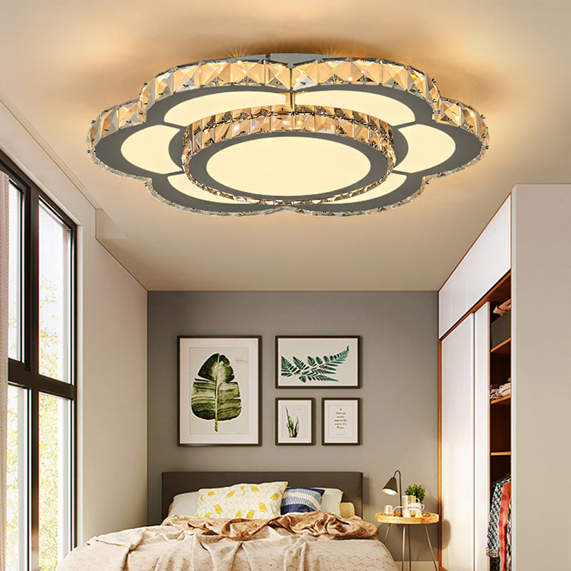 Contemporary Crystal Flush Mount Lamp: Floral Living Room Led Light Fixture In Warm/White -