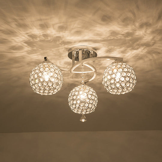 Sleek Crystal Semi-Flush Mount Light Fixture For Living Room - 3/5 Lights Globe Simple Chrome Design