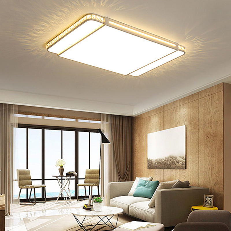Modern Led Acrylic Flush Light: White Rectangle Living Room Mount Lamp With Remote Control Dimming