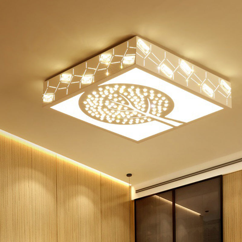 Simple Crystal Led Flush Mount Fixture - White Tree Design With Warm/White/3 Color Lighting For