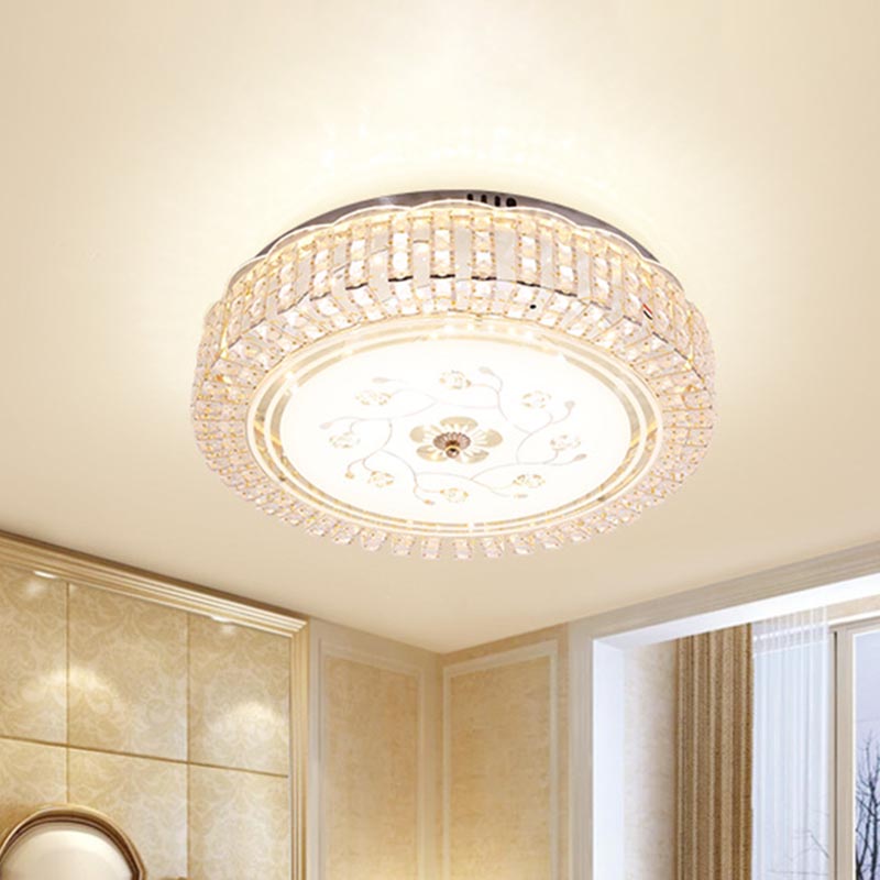 Modern K9 Crystal Flush Mount Led Ceiling Light Fixture White Drum 12’/16’/19.5’ Wide
