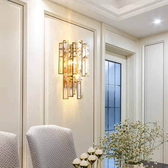 Modern Crystal Block Wall Light With Golden Metal Frame - Flush Mount Sconce Lighting (2 Bulbs)