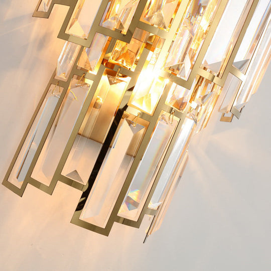 Modern Crystal Block Wall Light With Golden Metal Frame - Flush Mount Sconce Lighting (2 Bulbs)