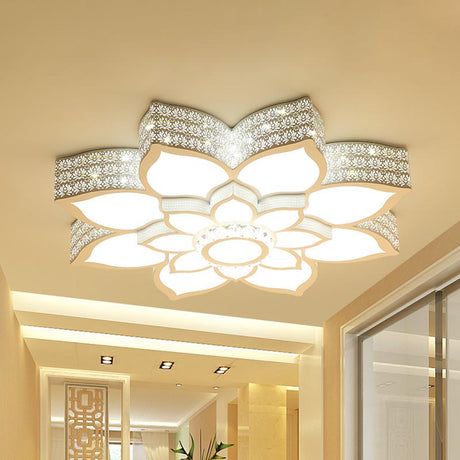 Lotus Crystal Flush Mount Light Fixture - White 23.5/29.5/35.5 W Led Ceiling In Warm/White / 23.5