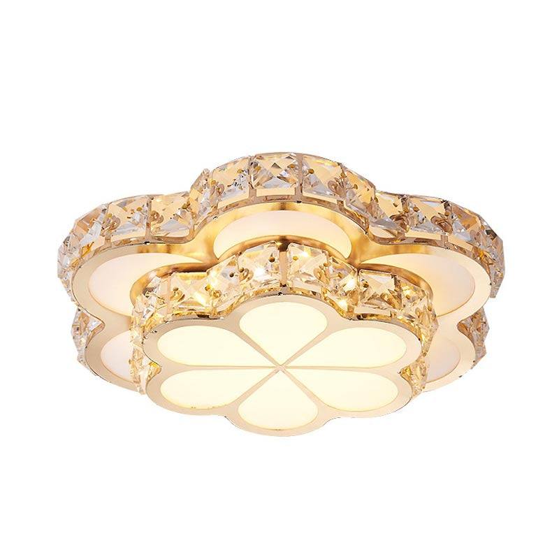 Modern Crystal Block Flower Flush Mount Led Ceiling Light Fixture 10’/12’/14’ W White