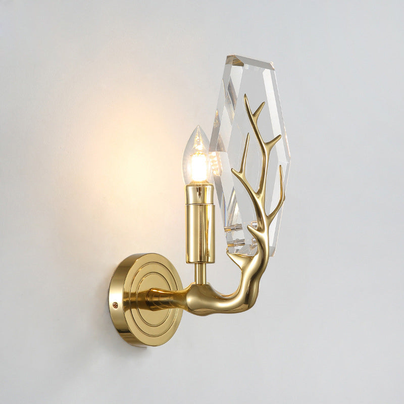 Modern Crystal Panel Sconce Light Fixture - Clear 1-Light Wall Mounted Lamp With Antler Deco