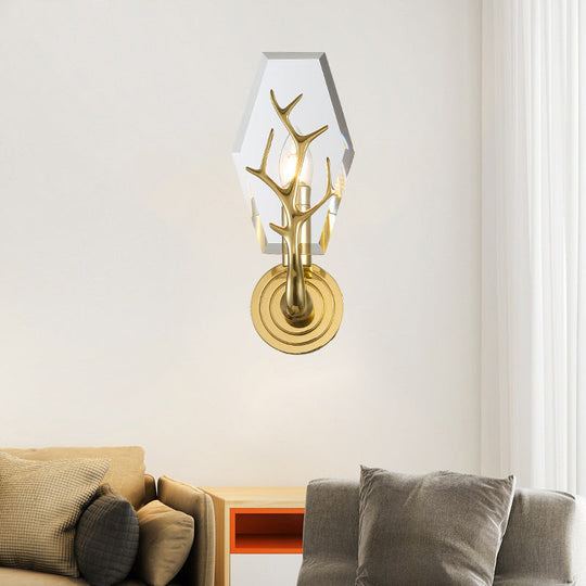 Modern Crystal Panel Sconce Light Fixture - Clear 1-Light Wall Mounted Lamp With Antler Deco