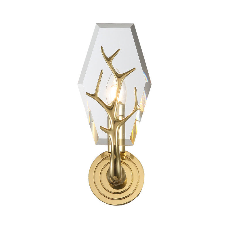Modern Crystal Panel Sconce Light Fixture - Clear 1-Light Wall Mounted Lamp With Antler Deco