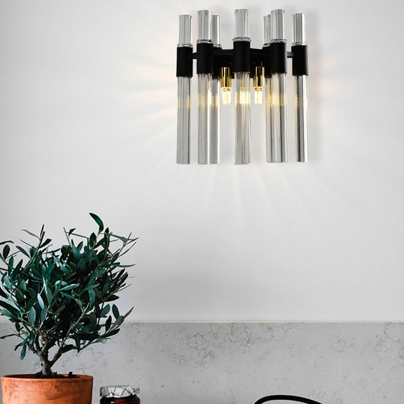 Modern Black Crystal Tube Sconce: 2-Light Wall Mounted Lamp For Living Room