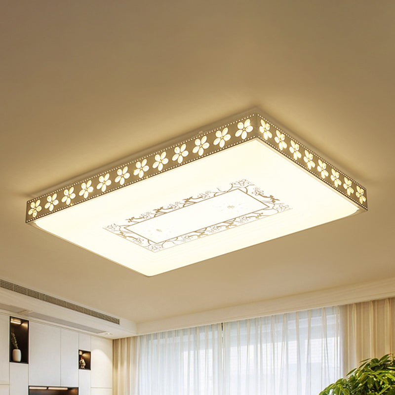 Rectangular Led Crystal Ceiling Light Simple White Flush Mount For Living Room With 3 Color Lights
