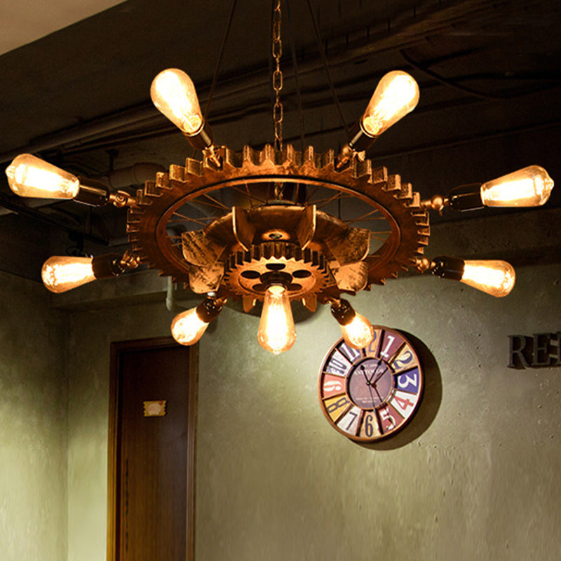 Iron Gear 9-Head Pendant Chandelier For Restaurant Kitchen Table - Industrial Style Light Fixture