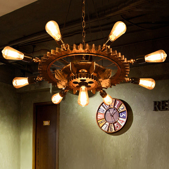 Iron Gear 9-Head Pendant Chandelier For Restaurant Kitchen Table - Industrial Style Light Fixture