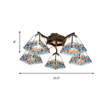 Tiffany Stained Glass Ceiling Light With 5 Scalloped Heads In Antique Bronze - Perfect For Bedroom