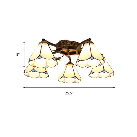 Tiffany Stained Glass Ceiling Light With 5 Scalloped Heads In Antique Bronze - Perfect For Bedroom