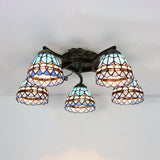 Tiffany Stained Glass Ceiling Light With 5 Scalloped Heads In Antique Bronze - Perfect For Bedroom /