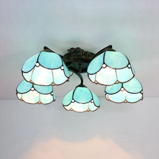 Tiffany Stained Glass Ceiling Light With 5 Scalloped Heads In Antique Bronze - Perfect For Bedroom