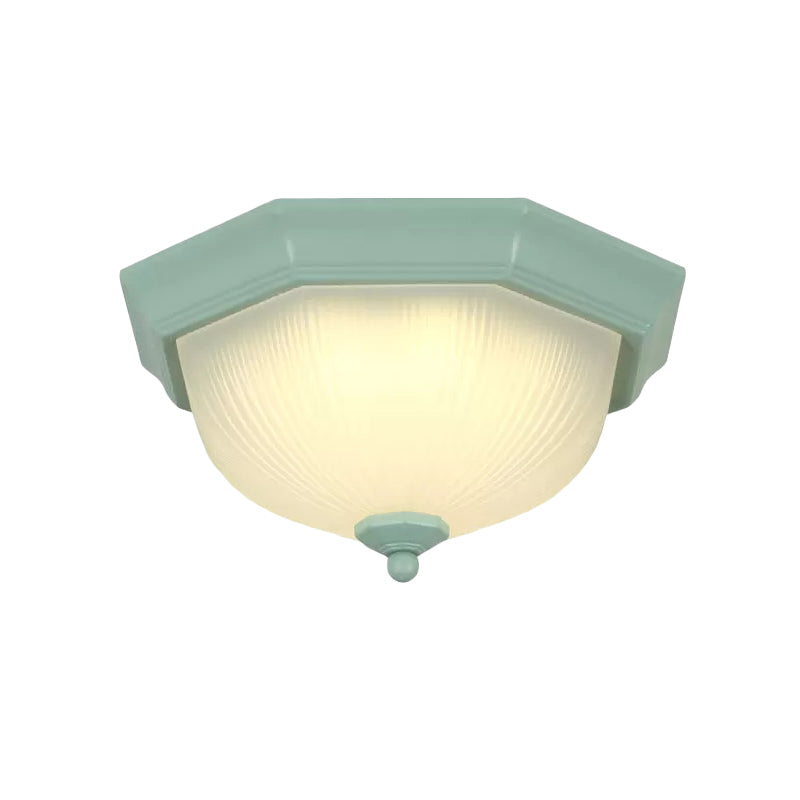 Macaron Style Flush Ceiling Light With Ridge Glass Dome Shape - Ideal For Balcony