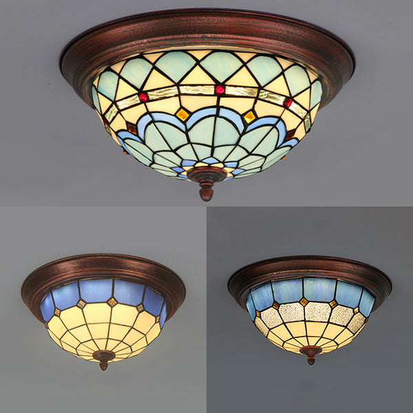 Vintage Industrial Dome Flushmount Ceiling Light With Stained Glass In White/Clear/Blue