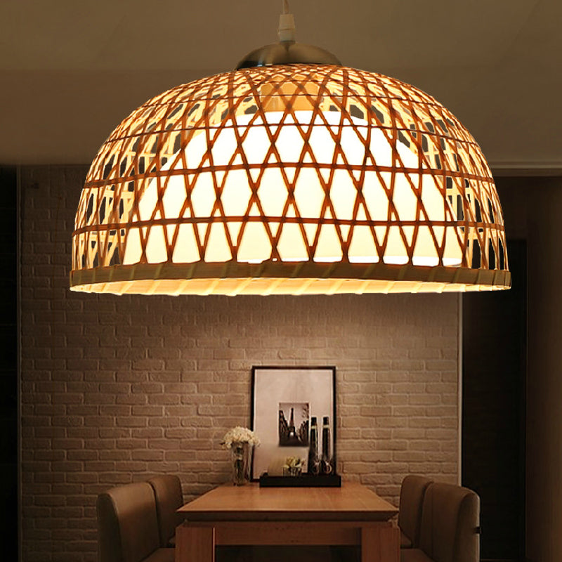 Modern Bamboo Dome Pendant Light Fixture For Dining Room With 1 Bulb