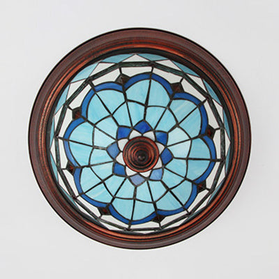 Vintage Industrial Dome Flushmount Ceiling Light With Stained Glass In White/Clear/Blue
