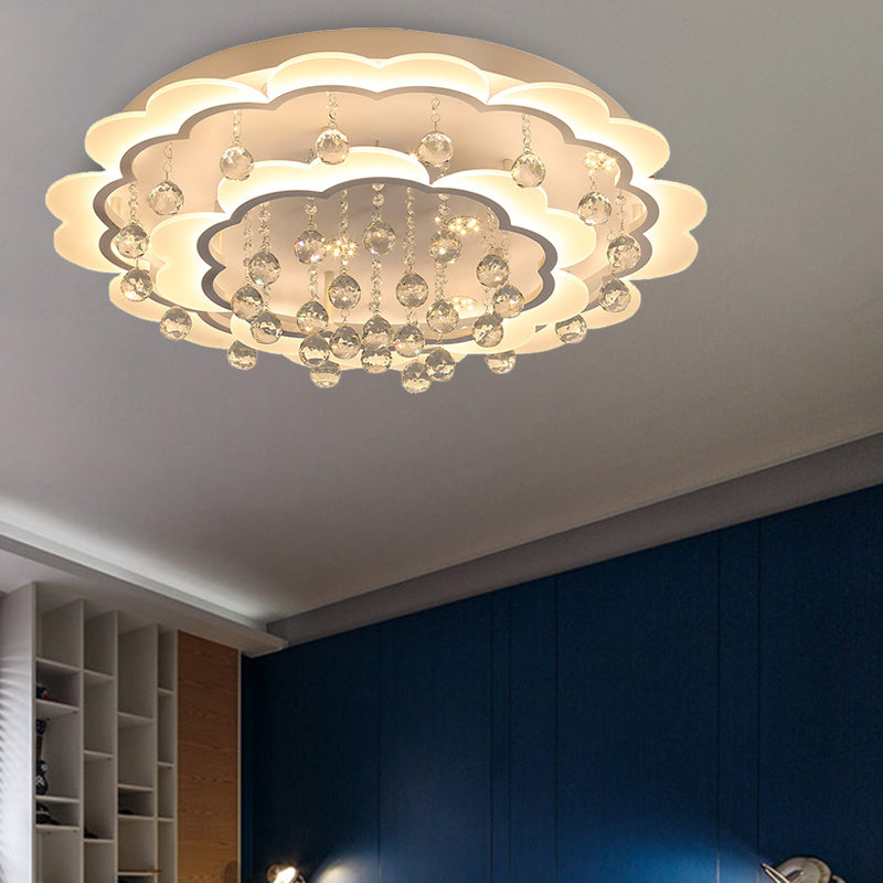 Modern Crystal Ball Flush Mount Light - White Flower Design 22’/25.5’/31.5’ Wide Led Ceiling