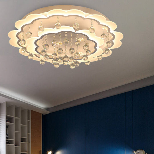 Modern Crystal Ball Flush Mount Light - White Flower Design 22’/25.5’/31.5’ Wide Led Ceiling
