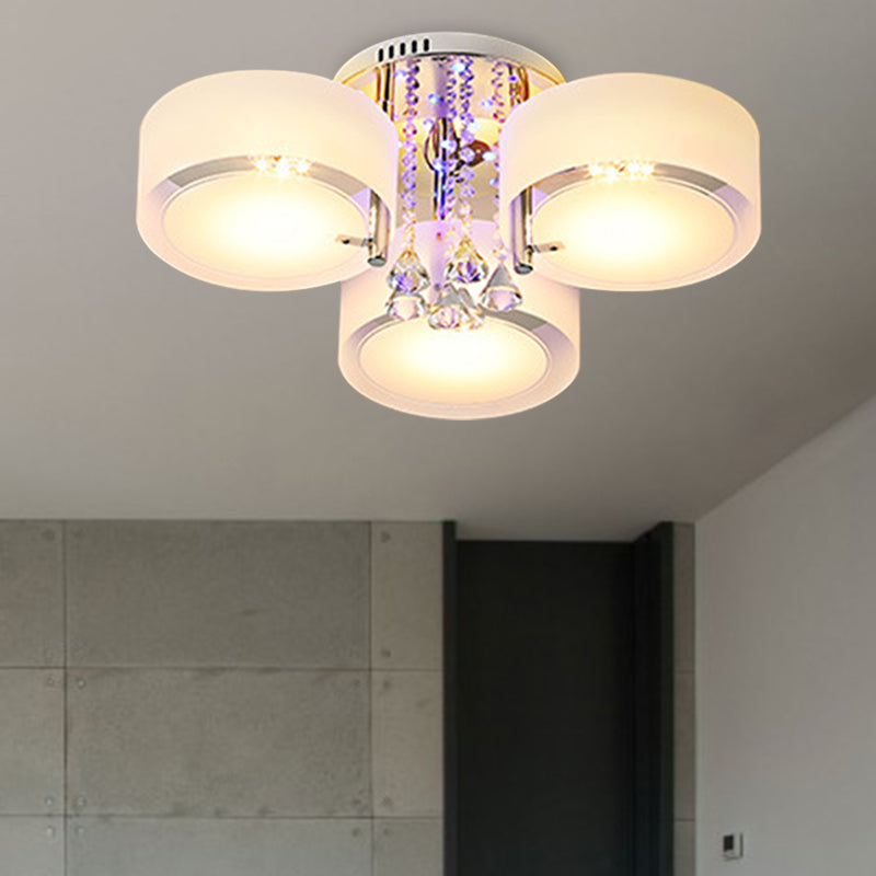 Modern Drum Flush Mount With Frosted Glass & Crystal Drop - 3/5/6 Head White Ceiling Light