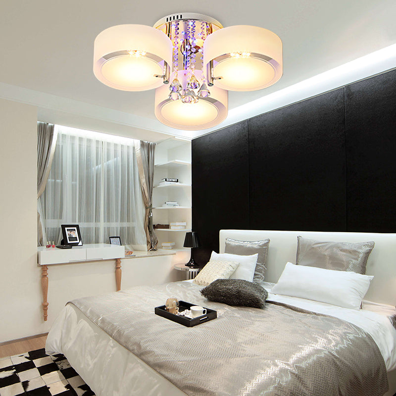 Modern Drum Flush Mount With Frosted Glass & Crystal Drop - 3/5/6 Head White Ceiling Light