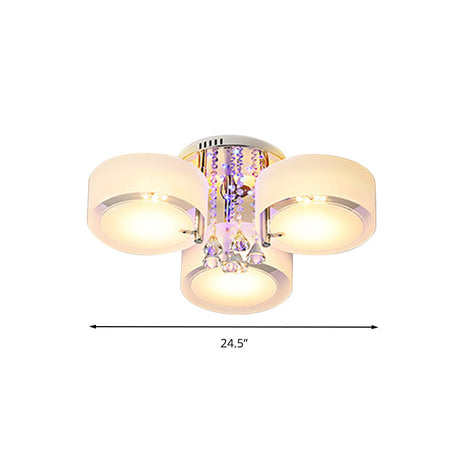 Modern Drum Flush Mount With Frosted Glass & Crystal Drop - 3/5/6 Head White Ceiling Light