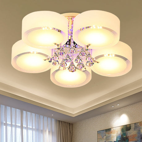 Modern Drum Flush Mount With Frosted Glass & Crystal Drop - 3/5/6 Head White Ceiling Light 5 /