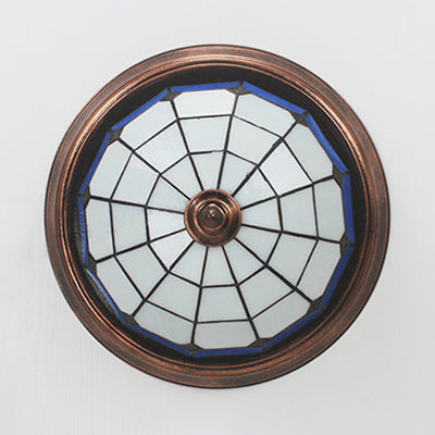 Vintage Industrial Dome Flushmount Ceiling Light With Stained Glass In White/Clear/Blue