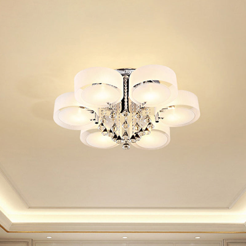 Modern Drum Flush Mount With Frosted Glass & Crystal Drop - 3/5/6 Head White Ceiling Light