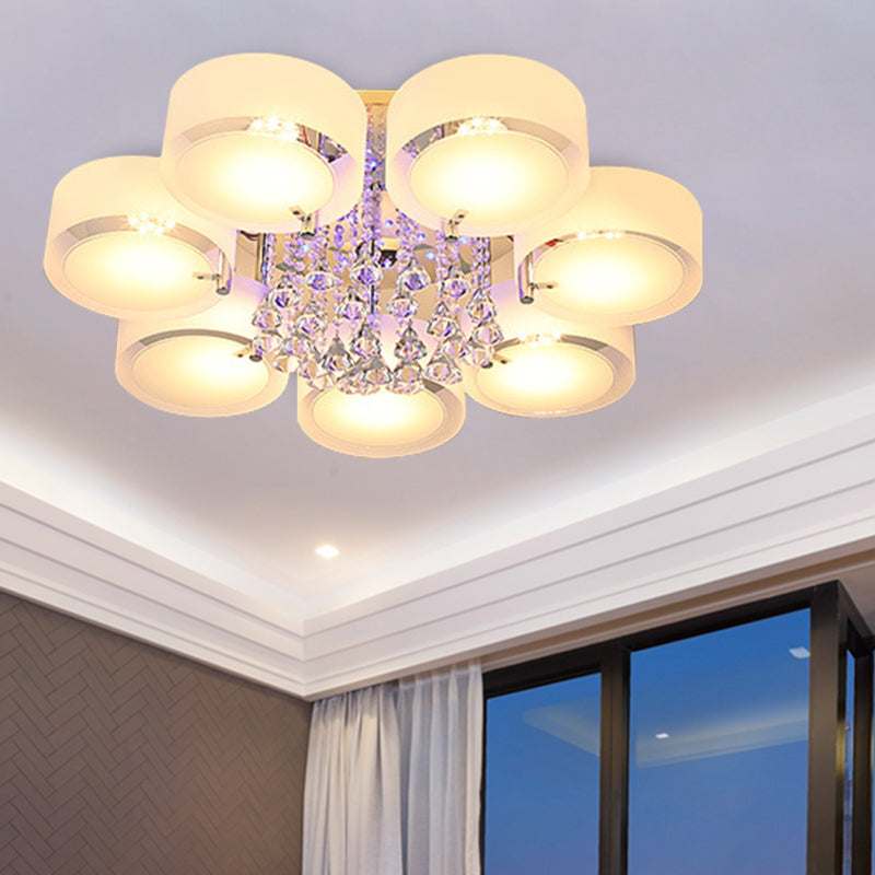 Modern Drum Flush Mount With Frosted Glass & Crystal Drop - 3/5/6 Head White Ceiling Light