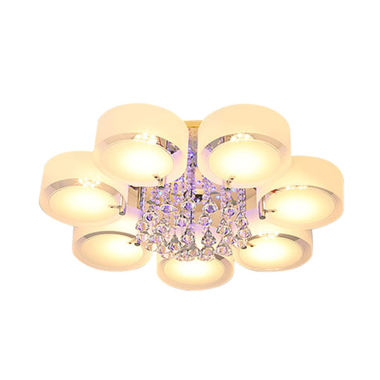 Modern Drum Flush Mount With Frosted Glass & Crystal Drop - 3/5/6 Head White Ceiling Light