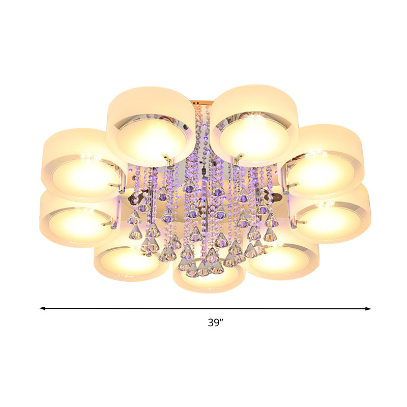 Modern Drum Flush Mount With Frosted Glass & Crystal Drop - 3/5/6 Head White Ceiling Light